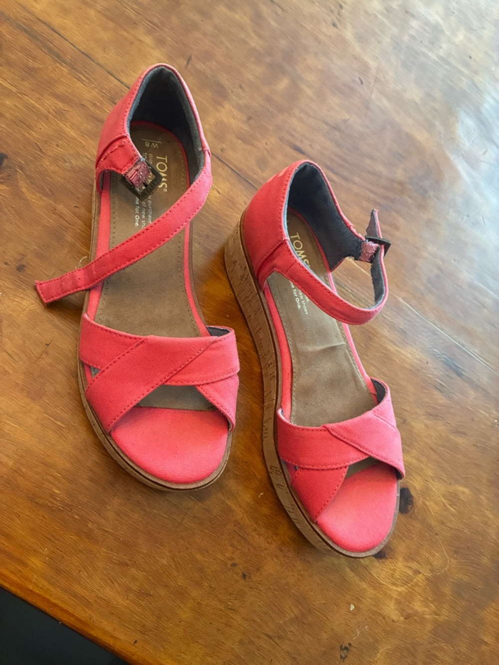TOMS Coral-Red Canvas Cross-Strap Platform Sandals